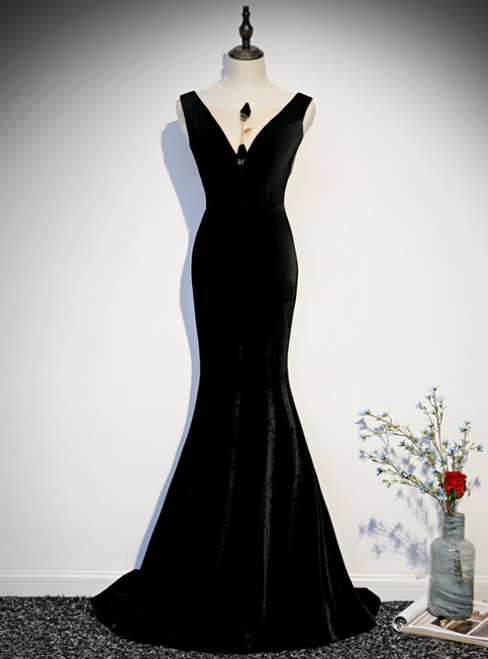 Black Mermaid Velvet See Through V-neck Prom Dress
