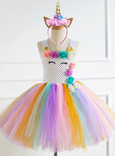 Girls Unicorn Tulle Flower Princess Tutu Skirt 