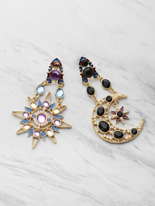 Gemstone Embellished Star And Moon Shaped Earrings