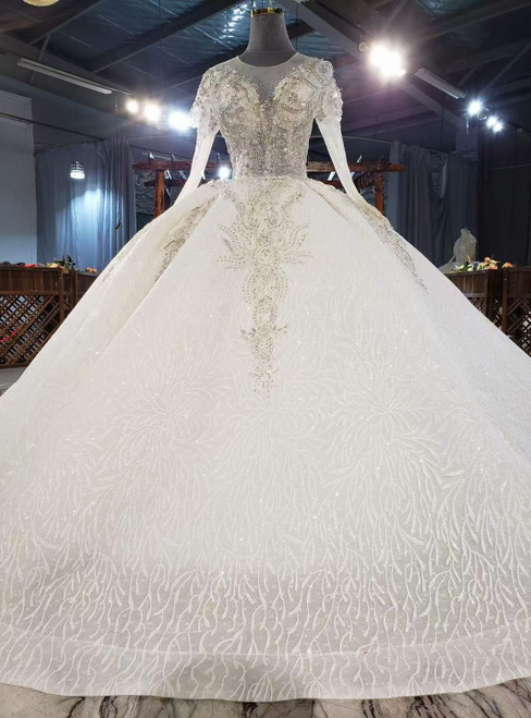 White Tulle Sequins Long Sleeve Beading Wedding Dress