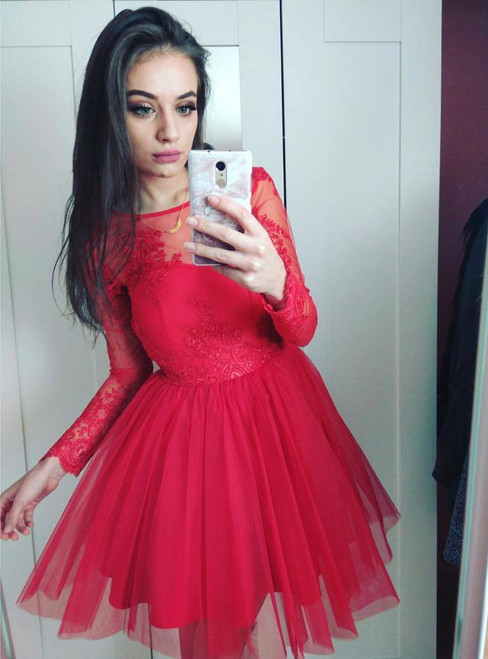 Red Tulle Short Prom Dress with Long Lace Sleeves