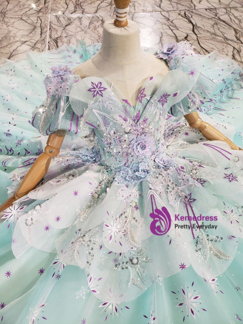 Ball Gown Square Neck Short Sleeves Flower Girl Dress with Rhinestone Appliques