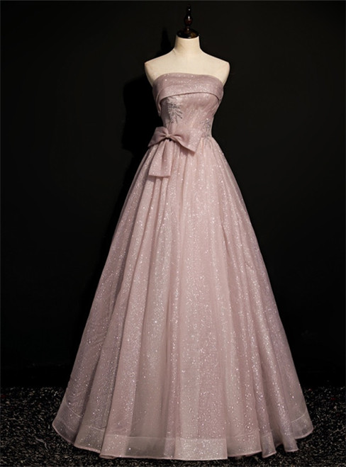 Pink Tulle Sequins Strapless Pleats Beading Prom Dress