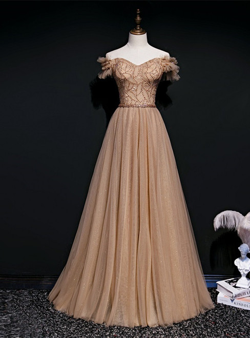Light Coffee Tulle Sequins Off the Shoulder Beading Prom Dress