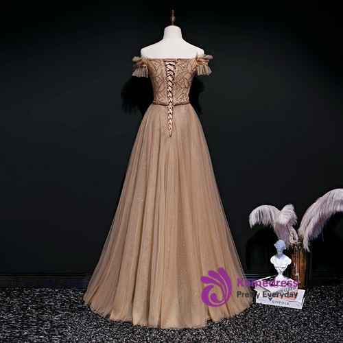 Off The Shoulder Beading Coffee Satin Prom Dress With Slit