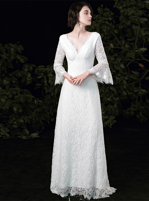 White Lace Deep V-neck Long Sleeve Backless Wedding Dress