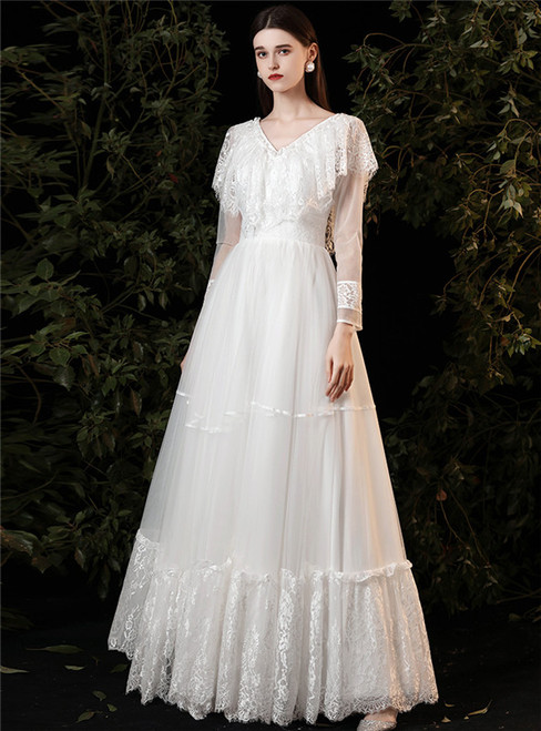 White Tulle Lace V-neck Long Sleeve Wedding Dress