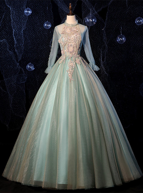 Green Tulle Long Sleeve Appliques Beading Quinceanera Dress