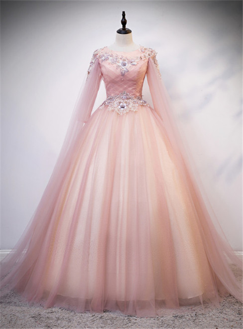Pink Tulle Long Sleeve Backless Appliques Quinceanera Dress