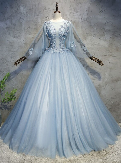 Blue Gray Tulle Flaying Sleeve Appliques Quinceanera Dress