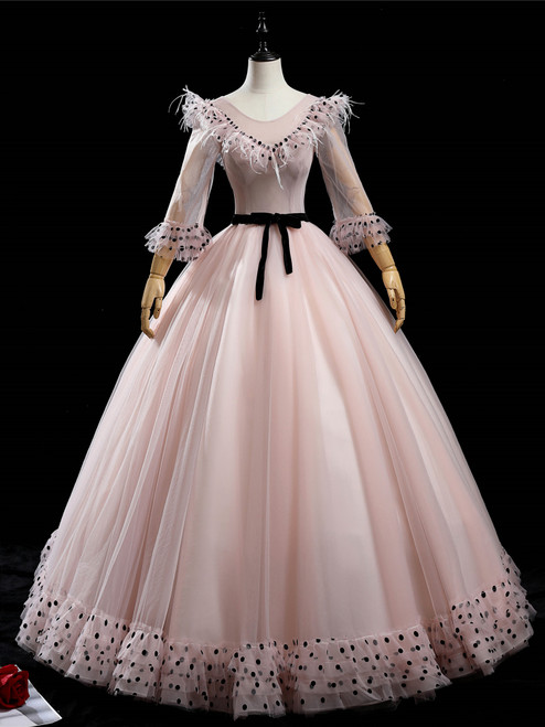 Pink Tulle Wave Point Long Sleeve Quinceanera Dress