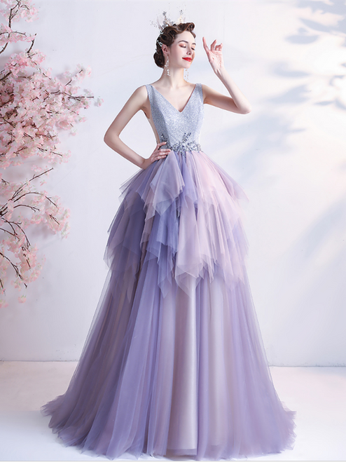 In Stock:Ship in 48 hours Purple Sequins Tulle V-neck Beading Prom Dress