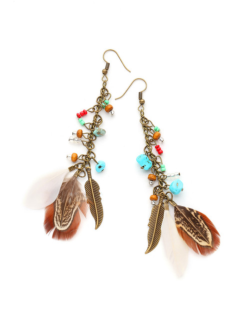 Feather And Stone Detail Drop Earrings