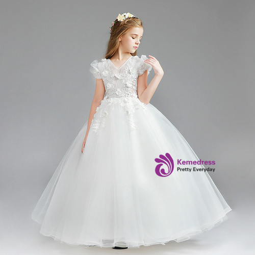 Green High-Low Tulle Flower Girl Dress with V-Neck and Floral Appliqué