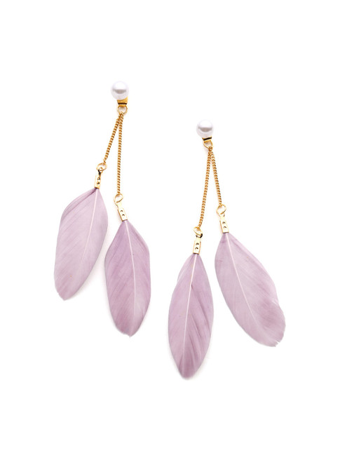 Feather Decorated Earrings With Faux Pearl