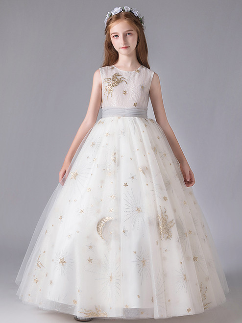 White Ball Gown Tulle Sequins Flower Girl Dress