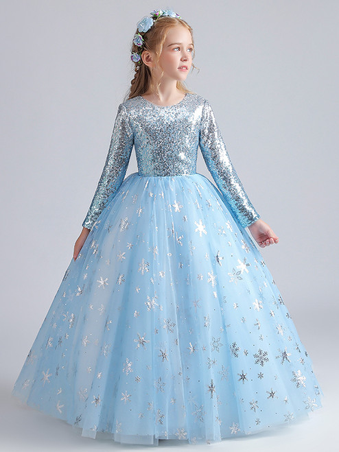 Princess Blue Sequins Tulle Flower Girl Dress