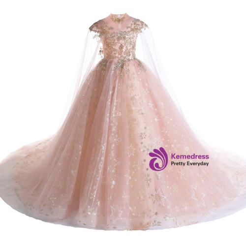 Pink Sequins Tulle High Neck Flower Girl Dress