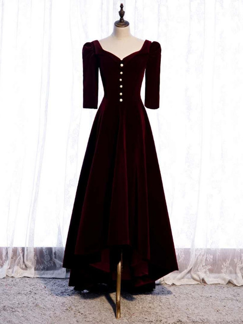 Dark Burgundy Velvet Hi Lo Short Sleeve Prom Dress