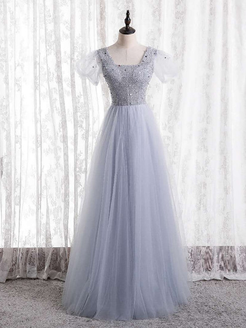 Gray Tulle Sequins Sqyare Short Sleeve Beading Prom Dress