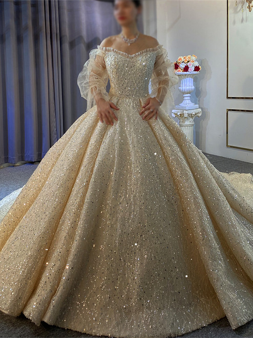 Adorable Champagne Tulle Sequins Long Sleeve Beading Wedding Dress