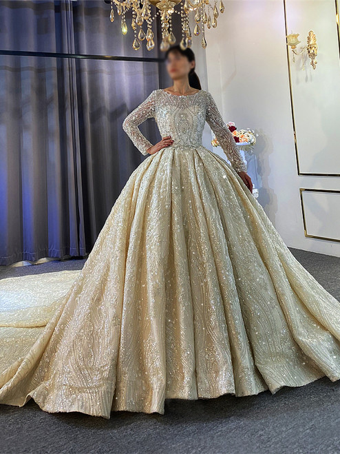 Long Sleeve Heavy Industry Beading Sequins Wedding Dress