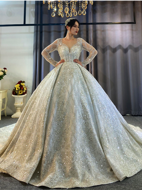 Long Sleeve Illusion V-neck Beading Sequins Wedding Dress