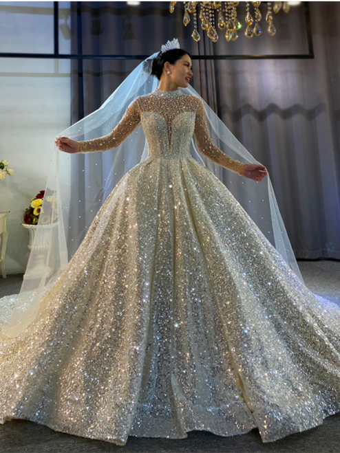 Sexy Sequins High Neck Backless Pearls Wedding Dress