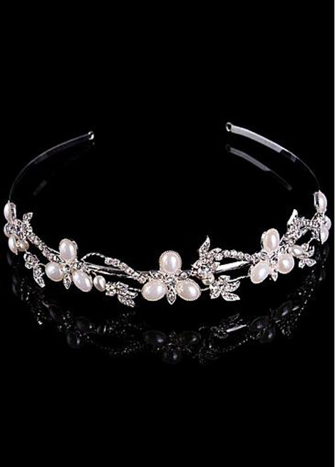 In Stock Shimmering Silver Plated Alloy Tiara With Rhinestones & Pearls