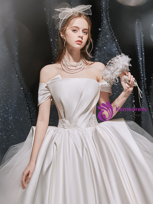 Ball Gown Off-the-Shoulder White Satin Wedding Dresses with Appliques & Beadings