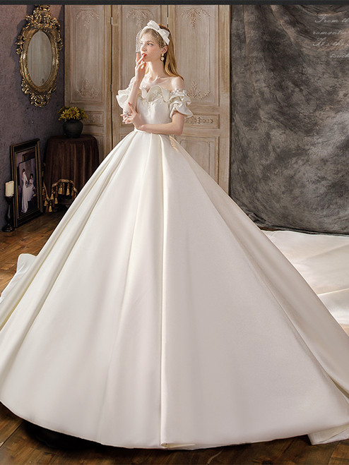 Ivory White Satin Short Sleeve Beading Wedding Dress