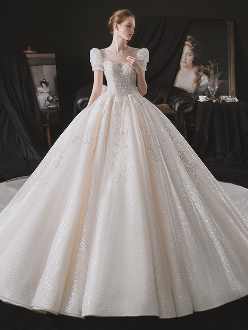 Tulle Sequins Backless Puff Sleeve Beading Wedding Dress