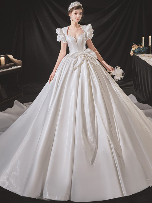 White Satin Puff Sleeve Pearls Backless Wedding Dress