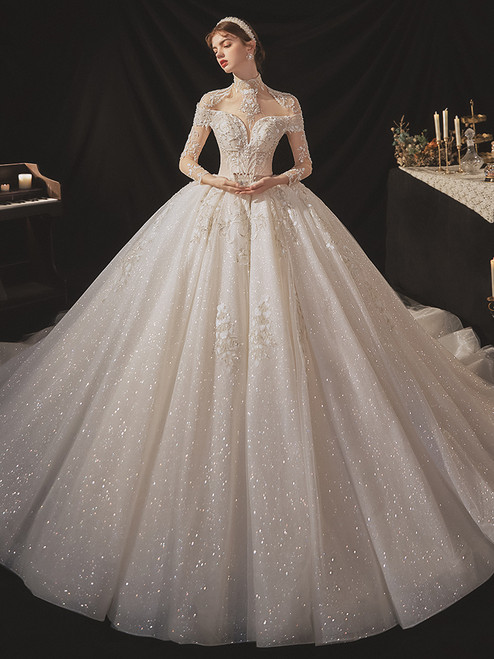 Sequins Tulle Off the Shoulder Wedding Dress With Detachable Sleeve