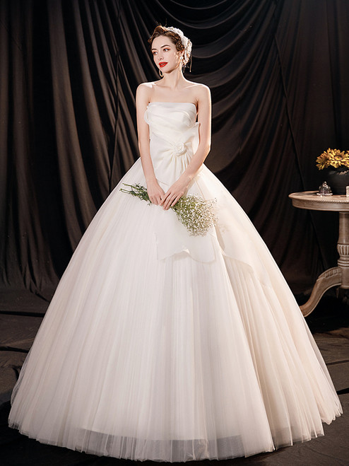 In Stock:Ship in 48 Hours White Tulle Strapless Pleats Wedding Dress