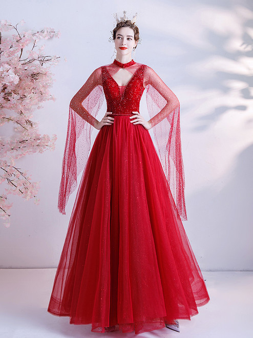 In Stock:Ship in 48 Hours Red Tulle V-neck Beading Prom Dress With Shawl