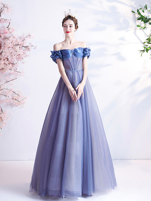 In Stock:Ship in 48 Hours Sexy Blue Tulle Beading Prom Dress