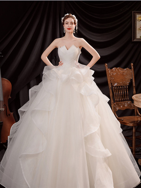 In Stock:Ship in 48 Hours White Tulle Sleeveless Wedding Dress