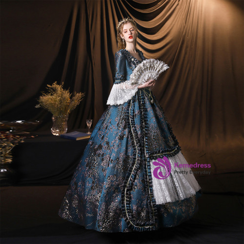 Blue Ball Gown Long Sleeve Baroque Victorian Dress