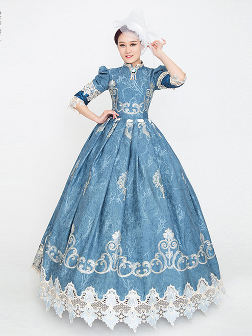 Blue Lace Short Sleeve High Neck Baroque Victorian Dress