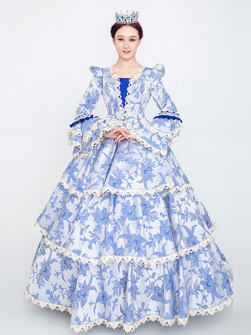 Blue Satin Print Long Sleeve Rococo Baroque Dress