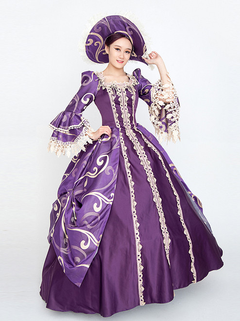 Purple Satin Long Sleeve Print Baroque Antonietta Dress