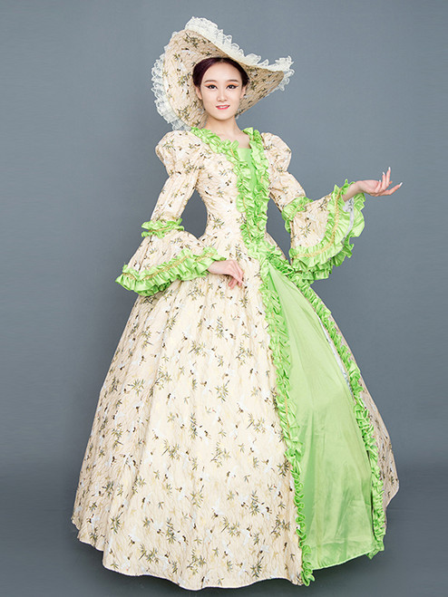 Green Satin Print Long SLeeve Rococo Baroque Dress