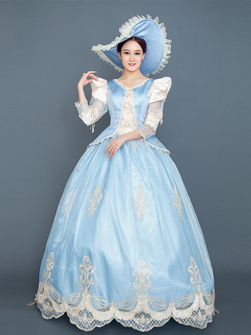 Sky Blue Appliques Long Sleeve Rococo Baroque Dress