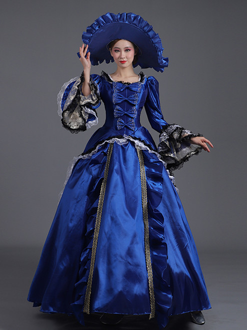 Blue Satin Lace Long Sleeve Bow Rococo Antonietta Dress