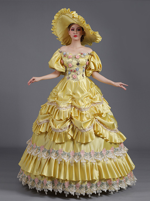 Yellow Satin Pleats Appliques Puff Sleeve Baroque Vintage Dress