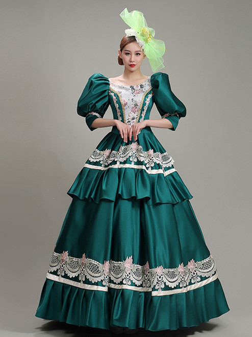 Green Satin Bateau Lace Puff Sleeve Rococo Baroque Dress