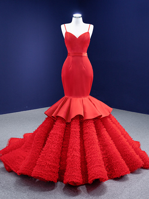 Red Mermaid Satin Tulle Spaghetti Straps Prom Dress