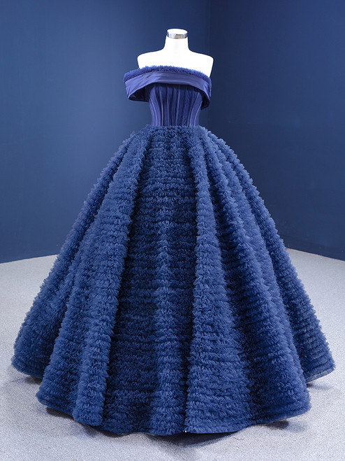 Navy Blue Ball Gown Tulle Strapless Prom Dress
