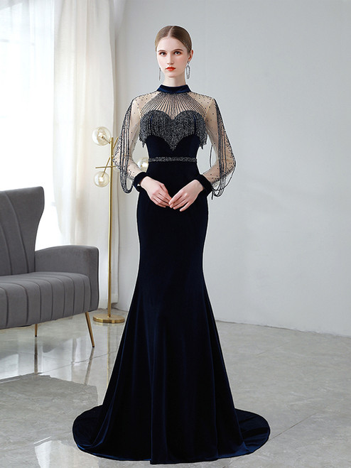 Navy Blue Velvet Long Sleeve Beading Prom Dress